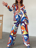 Módne potlačené košele s dlhým rukávom, 2-dielna súprava pre ženy, voľné topy s golierom a obleky 2022, ležérne rovné nohavice, outfity