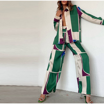 Módne potlačené košele s dlhým rukávom, 2-dielna súprava pre ženy, voľné topy s golierom a obleky 2022, ležérne rovné nohavice, outfity