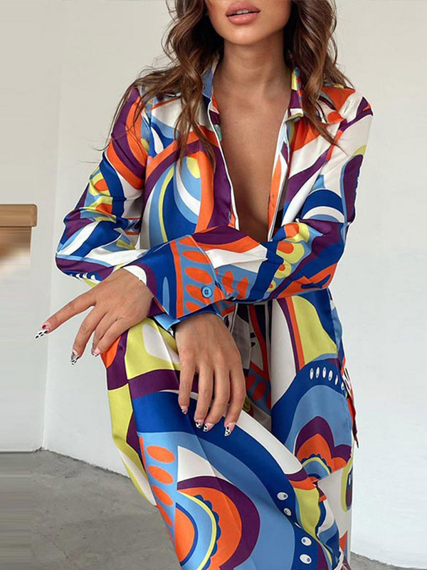 Módne potlačené košele s dlhým rukávom, 2-dielna súprava pre ženy, voľné topy s golierom a obleky 2022, ležérne rovné nohavice, outfity