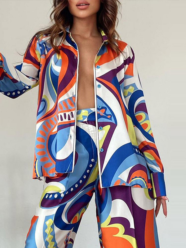 Módne potlačené košele s dlhým rukávom, 2-dielna súprava pre ženy, voľné topy s golierom a obleky 2022, ležérne rovné nohavice, outfity