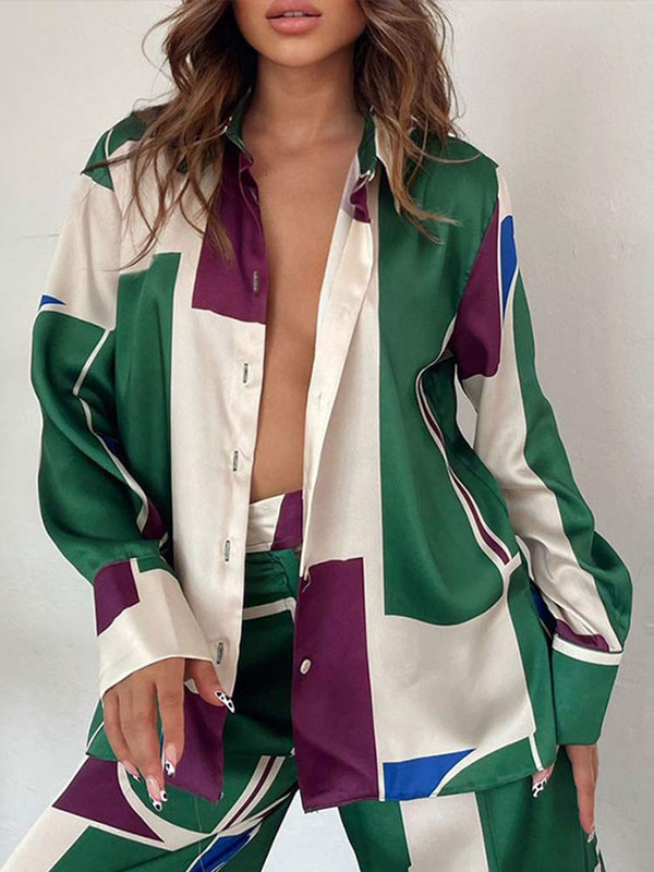 Módne potlačené košele s dlhým rukávom, 2-dielna súprava pre ženy, voľné topy s golierom a obleky 2022, ležérne rovné nohavice, outfity