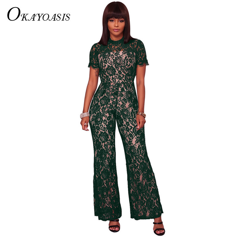 OKAYOASIS Elegantný krátky rukáv čipkovaný overal Dámsky letný overal Sexy dámske ležérne dlhé nohavice Overaly 3-farebný overal