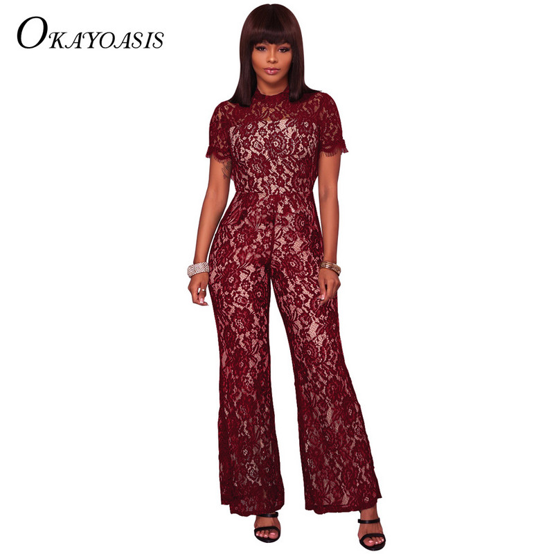 OKAYOASIS Elegantný krátky rukáv čipkovaný overal Dámsky letný overal Sexy dámske ležérne dlhé nohavice Overaly 3-farebný overal