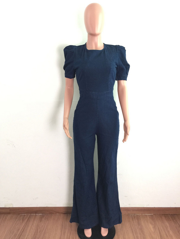 Široké nohavice Denimový overal Sexy ženy O-výstrih s chrbtom Elegantné džínsy Bell Bottom Overaly Rompers