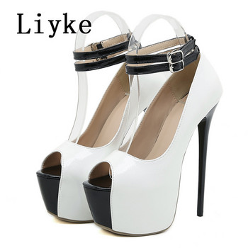 Liyke Summer Peep Toe Супер високи токчета Секси сандали за жени Модни обувки с двойна катарама и каишка с платформа на пилон Размер 42