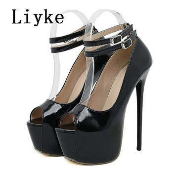 Liyke Summer Peep Toe Супер високи токчета Секси сандали за жени Модни обувки с двойна катарама и каишка с платформа на пилон Размер 42