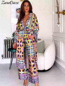 Otisnute široke kaputne hlače, set od 2 komada, ženski V-izrez, šišmiš rukavi i pojas, duga haljina, ravno žensko odijelo s širokim nogavicama