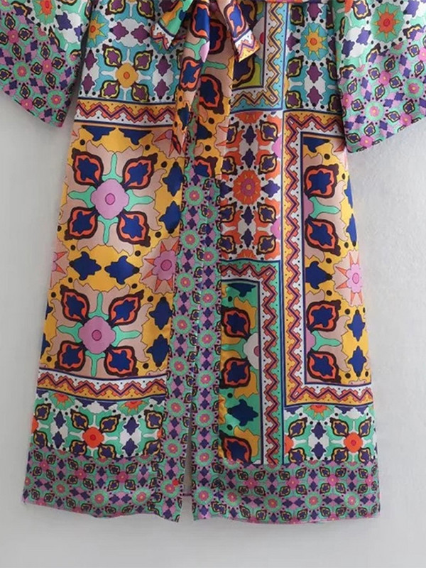 Otisnute široke kaputne hlače, set od 2 komada, ženski V-izrez, šišmiš rukavi i pojas, duga haljina, ravno žensko odijelo s širokim nogavicama