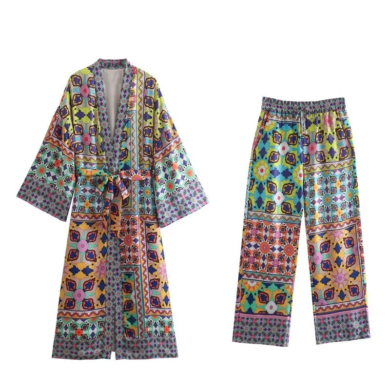 Otisnute široke kaputne hlače, set od 2 komada, ženski V-izrez, šišmiš rukavi i pojas, duga haljina, ravno žensko odijelo s širokim nogavicama