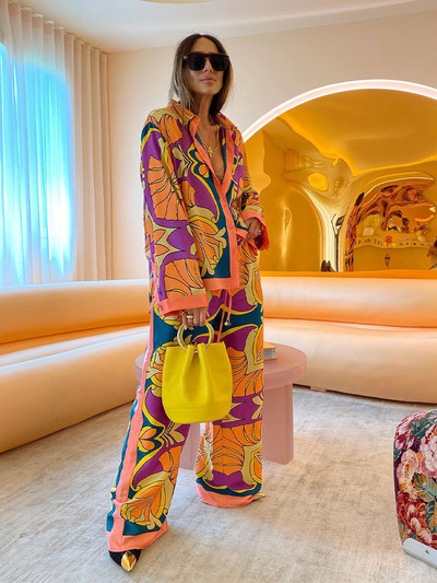 Dvodijelni set Ženske košulje s dugim rukavima s apstraktnim printom i kopčanjem na rever + široke široke hlače Y2K estetske jesenske hlače