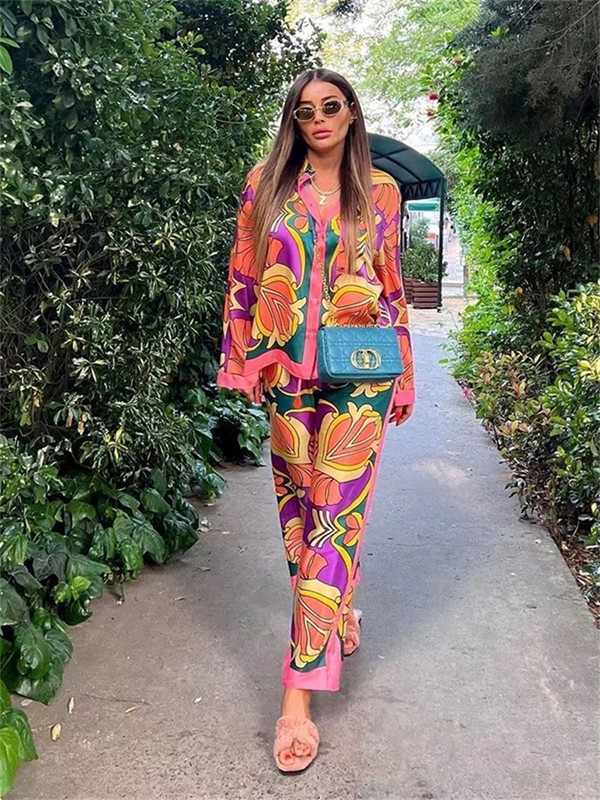 Dvodijelni set Ženske košulje s dugim rukavima s apstraktnim printom i kopčanjem na rever + široke široke hlače Y2K estetske jesenske hlače