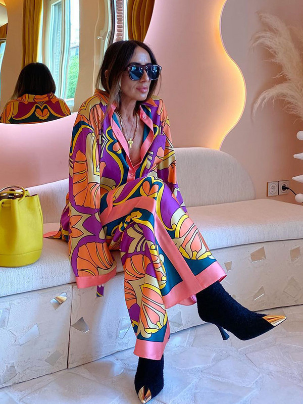 Dvodijelni set Ženske košulje s dugim rukavima s apstraktnim printom i kopčanjem na rever + široke široke hlače Y2K estetske jesenske hlače