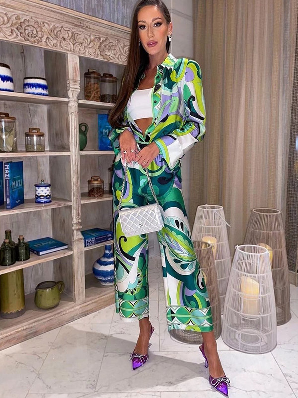 Dvodijelni set Ženske košulje s dugim rukavima s apstraktnim printom i kopčanjem na rever + široke široke hlače Y2K estetske jesenske hlače