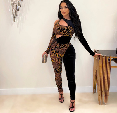 Salopetă de club cu imprimeu leopard pentru femei sexy, cu scobitură în formă de bodycon, cu patchwork, salopetă de petrecere