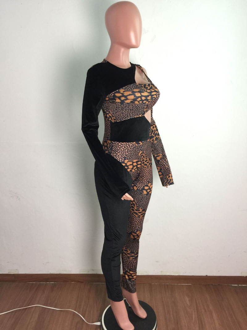 Leopardový potlač klubového overalu Sexy ženy vydlabané bodycon patchwork párty overal Romper