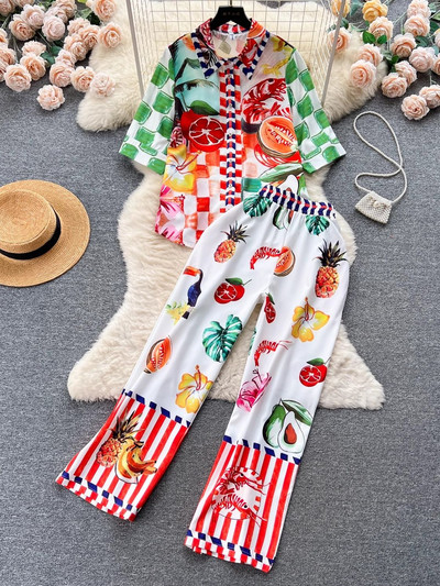 Letné prázdninové ovocie a zelenina, dvojdielne súpravy, dámske farebné tričko s polovičným rukávom a elastickým pásom, rovné nohavice