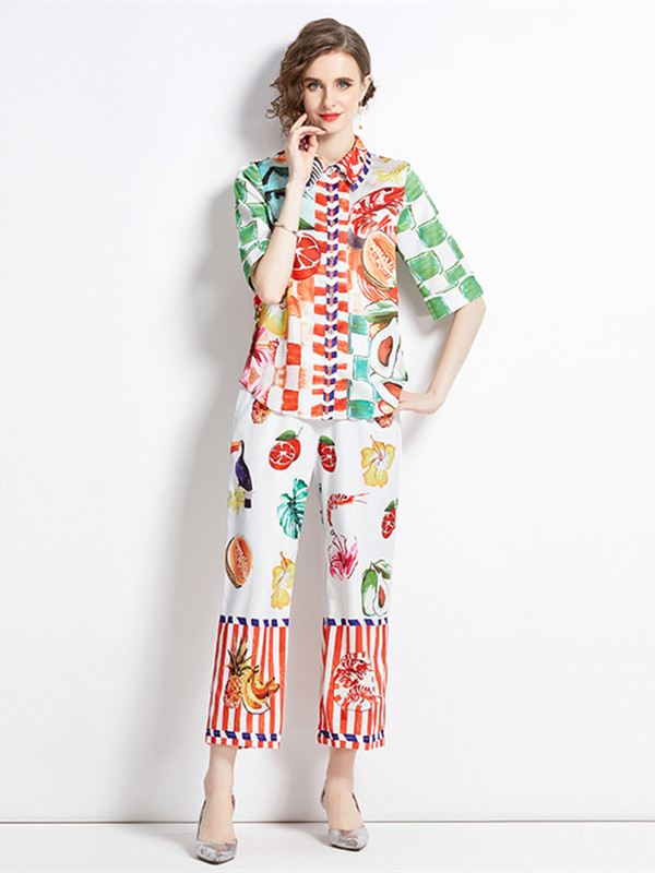 Letné prázdninové ovocie a zelenina, dvojdielne súpravy, dámske farebné tričko s polovičným rukávom a elastickým pásom, rovné nohavice