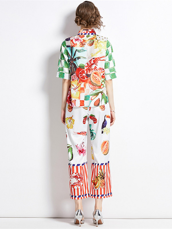 Letné prázdninové ovocie a zelenina, dvojdielne súpravy, dámske farebné tričko s polovičným rukávom a elastickým pásom, rovné nohavice