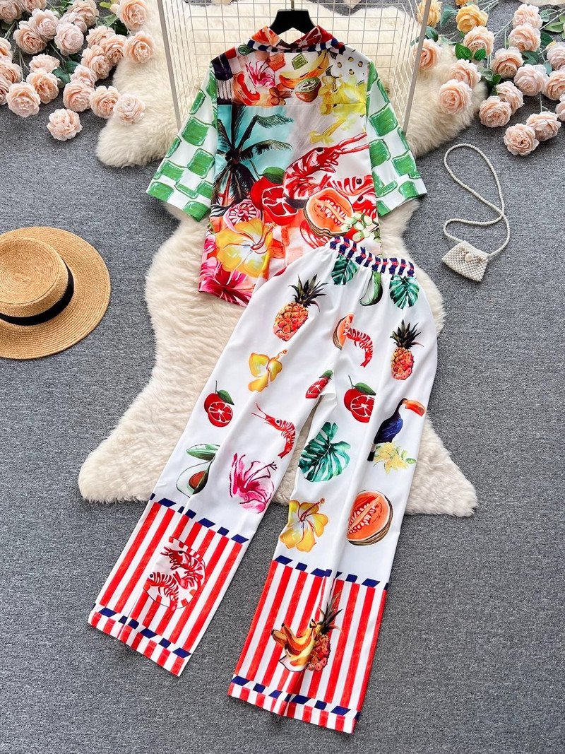 Letné prázdninové ovocie a zelenina, dvojdielne súpravy, dámske farebné tričko s polovičným rukávom a elastickým pásom, rovné nohavice