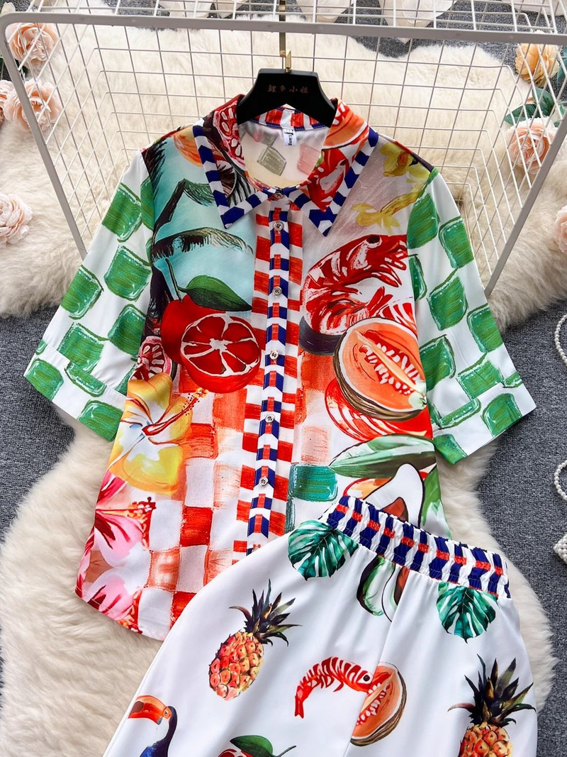 Letné prázdninové ovocie a zelenina, dvojdielne súpravy, dámske farebné tričko s polovičným rukávom a elastickým pásom, rovné nohavice