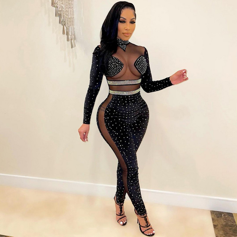 Skinny Beading Club Kombinezon Seksi Ženski O-izrez Bodycon Patchwork Proziran Party Kombinezon Hlače