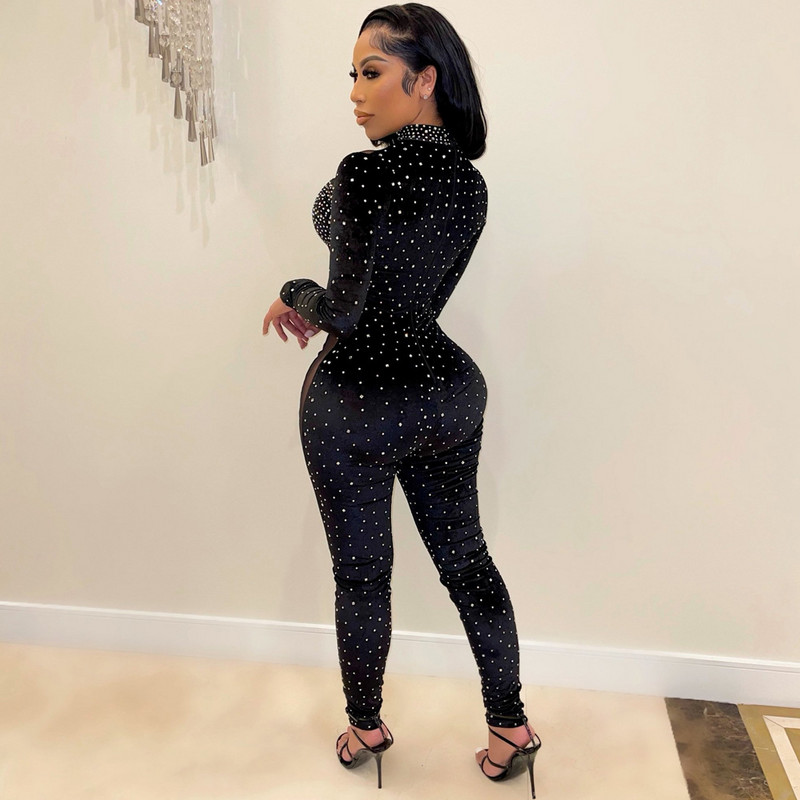 Skinny Beading Club Kombinezon Seksi Ženski O-izrez Bodycon Patchwork Proziran Party Kombinezon Hlače