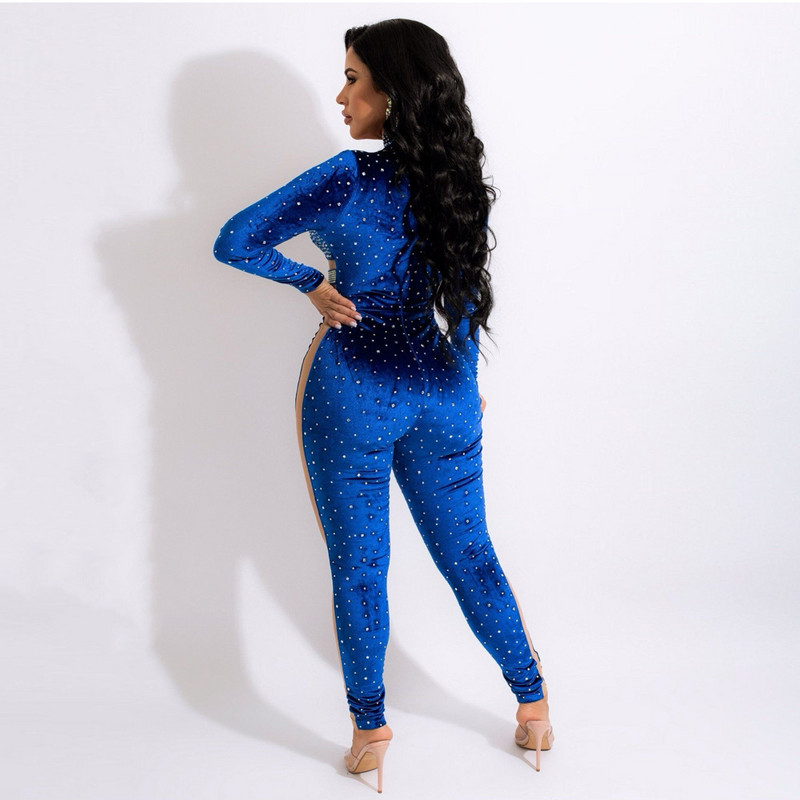 Skinny Beading Club Kombinezon Seksi Ženski O-izrez Bodycon Patchwork Proziran Party Kombinezon Hlače