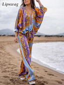 Dámske vintage plážové nohavice s etnickou potlačou, boho potlačou, zladené súpravy, ležérne s dlhým rukávom a elastickým pásom, dvojdielna súprava