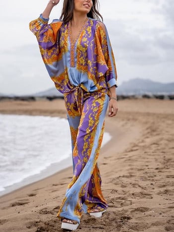 Vintage Beach Ethnic Σετ παντελονιών Boho εμπριμέ ασορτί Γυναικεία μακρυμάνικη μπλούζα ελαστική μέση παντελόνι δύο τεμαχίων