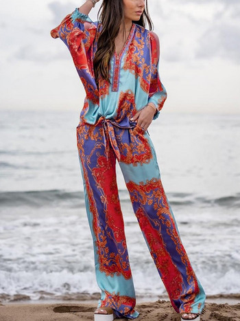 Vintage Beach Ethnic Σετ παντελονιών Boho εμπριμέ ασορτί Γυναικεία μακρυμάνικη μπλούζα ελαστική μέση παντελόνι δύο τεμαχίων