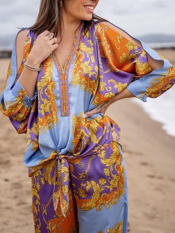 Vintage Beach Ethnic Σετ παντελονιών Boho εμπριμέ ασορτί Γυναικεία μακρυμάνικη μπλούζα ελαστική μέση παντελόνι δύο τεμαχίων