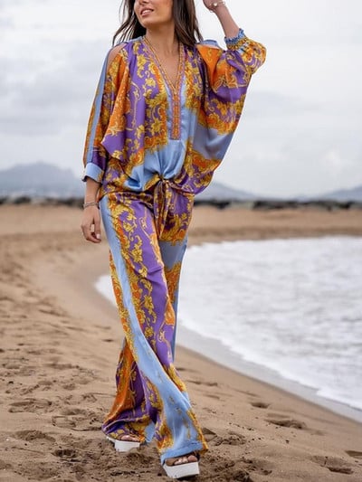 Dámske vintage plážové nohavice s etnickou potlačou, boho potlačou, zladené súpravy, ležérne s dlhým rukávom a elastickým pásom, dvojdielna súprava