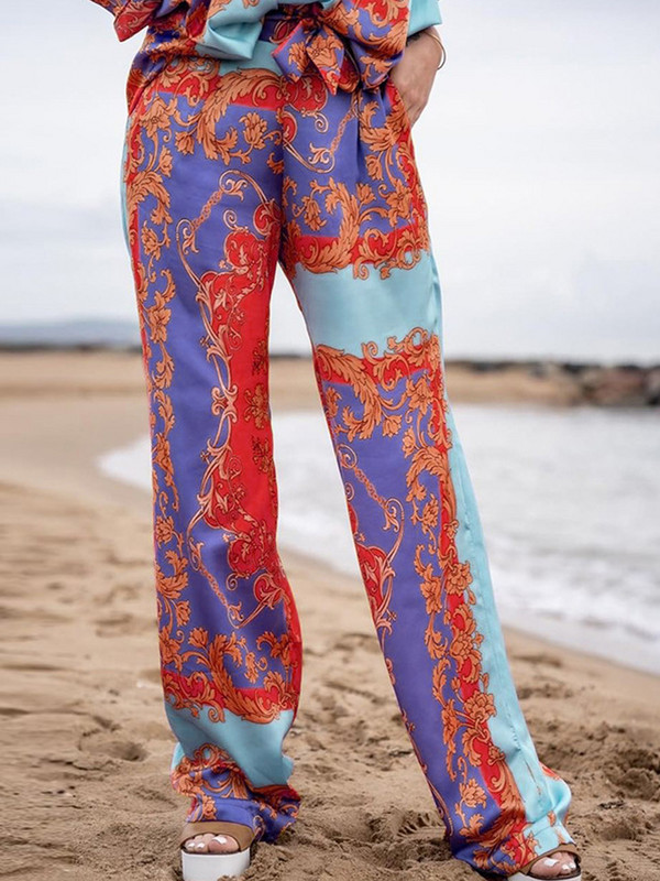 Dámske vintage plážové nohavice s etnickou potlačou, boho potlačou, zladené súpravy, ležérne s dlhým rukávom a elastickým pásom, dvojdielna súprava