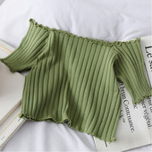 Ženske majice kratkih rukava Heliar Ruffle Hem Pletene kratkih rukava Fleksibilne majice s otvorenim ramenima Ženske Y2K ulične majice Ljeto