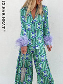 Dámske blúzky s kvetinovou potlačou a manžetami s pierkami, široké nohavice, kostýmy, vintage košele na gombíky, dámske nohavice, sety, outfity 2022