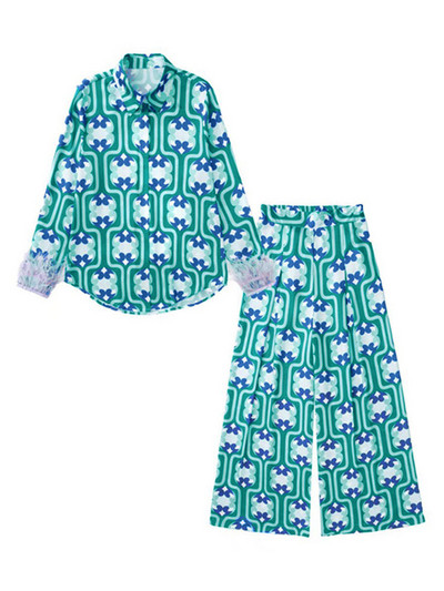 Dámske blúzky s kvetinovou potlačou a manžetami s pierkami, široké nohavice, kostýmy, vintage košele na gombíky, dámske nohavice, sety, outfity 2022