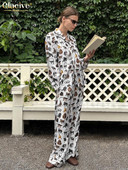 Clacive Ležerna široka kućna odijela s printom Elegantni set širokih hlača visokog struka Modna dvodijelna košulja dugih rukava Ženska odjeća 2023.