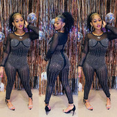 Úzky kamienkový klubový overal, sexy dámsky overal s výstrihom do V, lesklý sieťovaný overal s opaskom