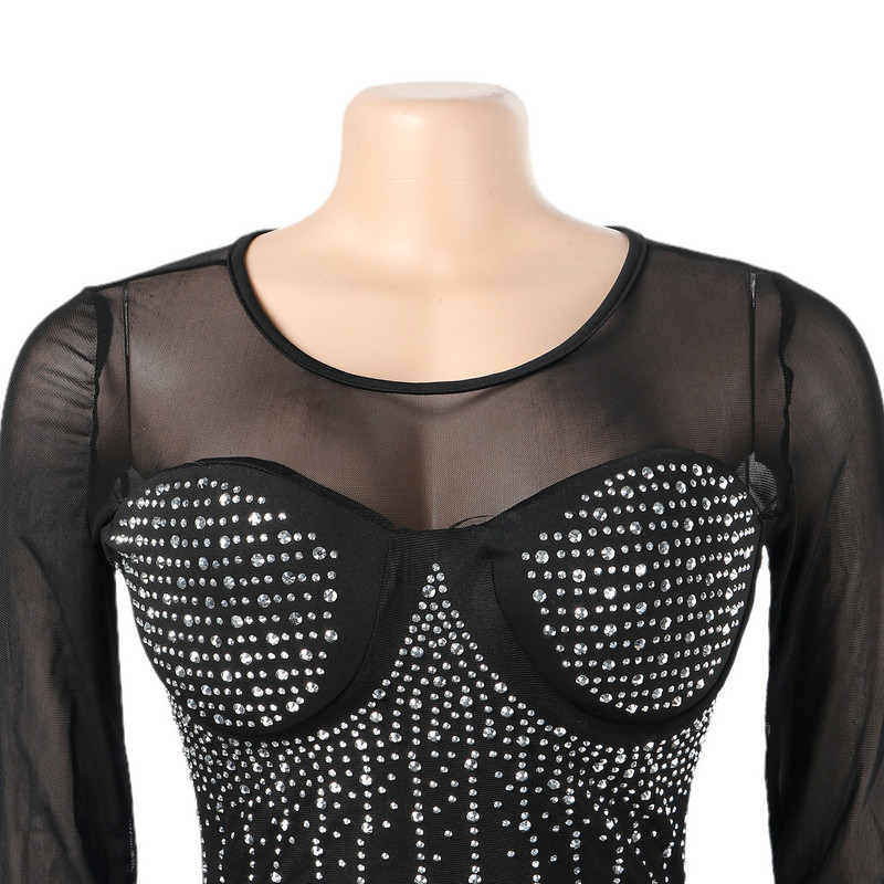 Úzky kamienkový klubový overal, sexy dámsky overal s výstrihom do V, lesklý sieťovaný overal s opaskom