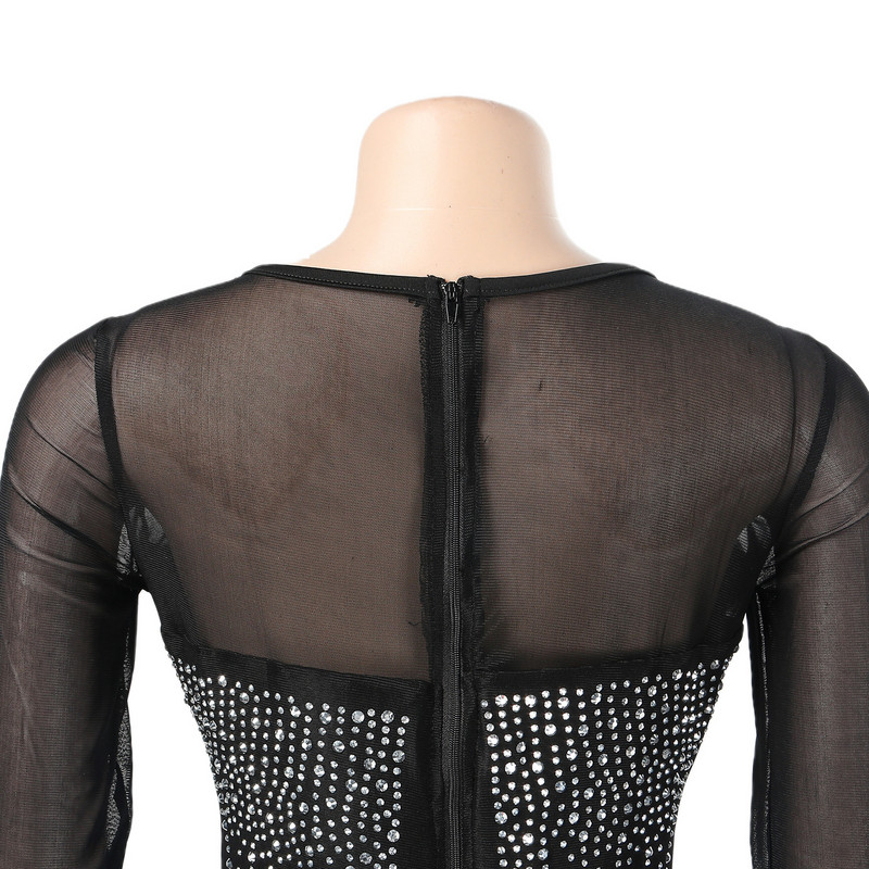 Úzky kamienkový klubový overal, sexy dámsky overal s výstrihom do V, lesklý sieťovaný overal s opaskom