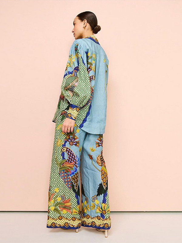 Dámske ležérne nohavice s potlačou, módny oblek s dlhým rukávom a golierom, široké nohavice so šnurovaním, dámska súprava 2023