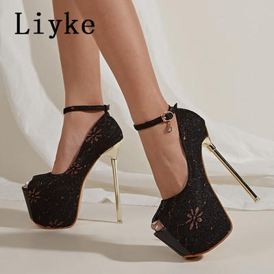 Liyke 2023 újdonságok, 17 cm-es extrém magas sarkú női divatos cipők Peep Toe Slingbacks platform pumpák szandálok szexi rúdtánccipők