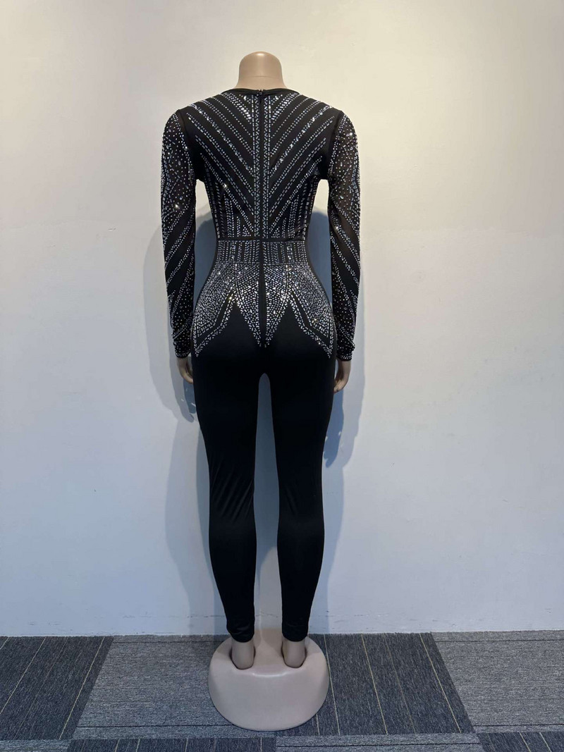 Sieťované kamienkové nočné klubové overaly Sexy ženy s výstrihom do V, úzkymi priehľadnými diamantmi, overal