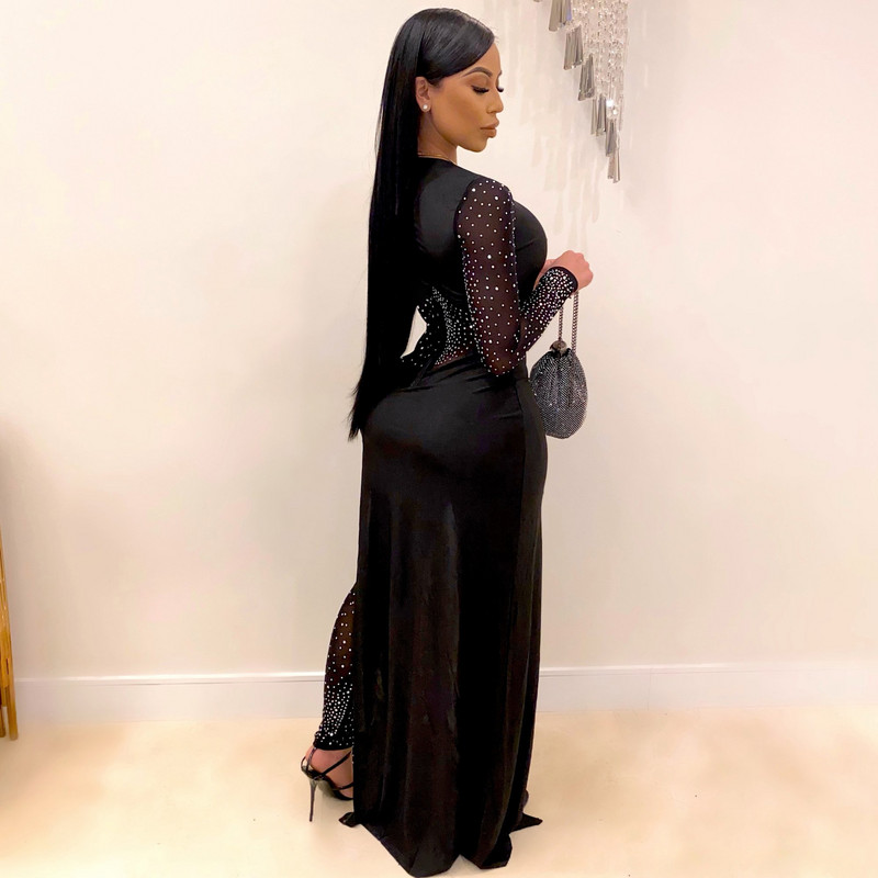 Sexy dámsky overal s kamienkami a výstrihom do V, lesklý sieťovaný overal s kvetinovým vzorom