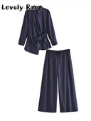 High Street mašna Nepravilna jednobojna kompleta od 2 komada, modna ženska košulja dugih rukava s ovratnikom na dolje, nove ženske duge hlače 2023.