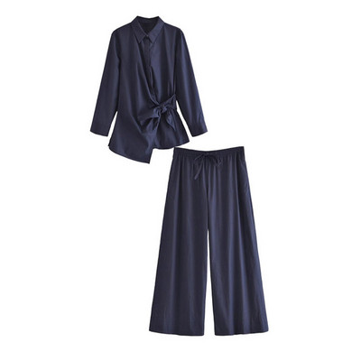 High Street mašna Nepravilna jednobojna kompleta od 2 komada, modna ženska košulja dugih rukava s ovratnikom na dolje, nove ženske duge hlače 2023.