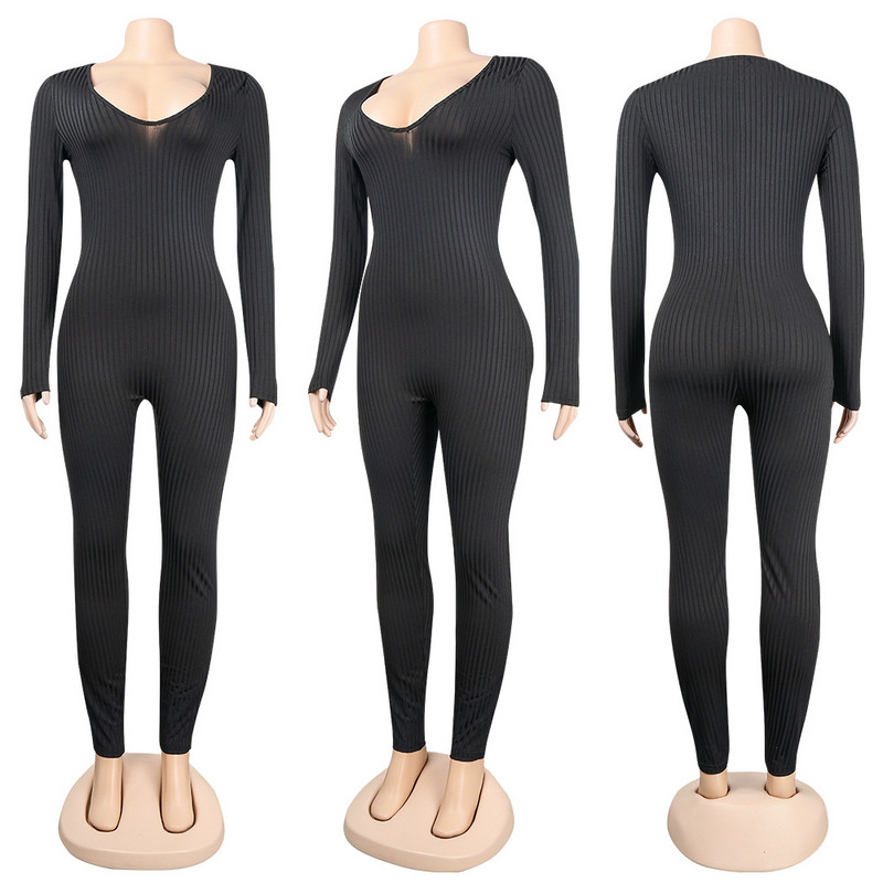 Salopetă neagră de club pentru femei sexy, cu decolteu în V, bodycon, solidă, ocazională, salopete de petrecere