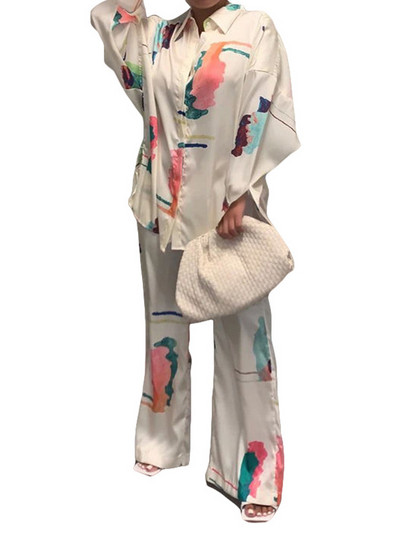 Nyomtatott alkalmi női kétrészes szett nappaliruha hosszú ujjú ing felsők és széles szárú nadrág szett otthoni ruha