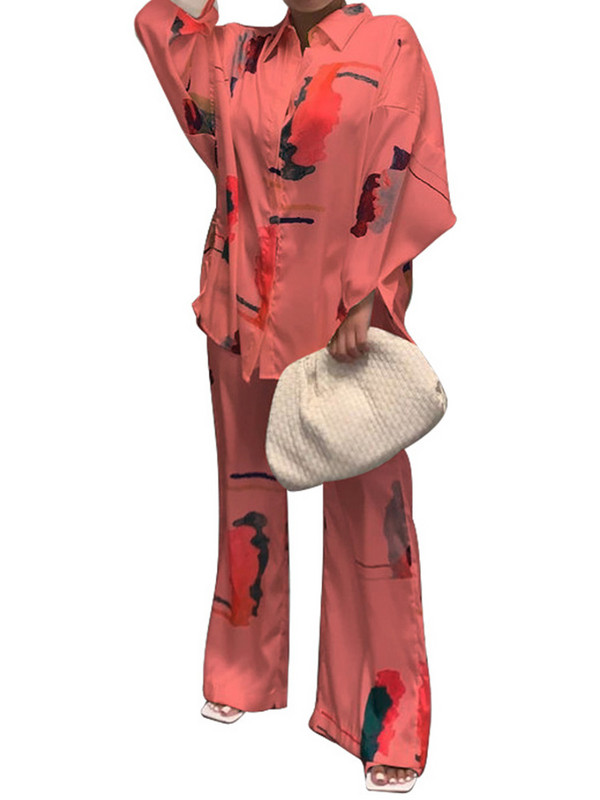 Nyomtatott alkalmi női kétrészes szett nappaliruha hosszú ujjú ing felsők és széles szárú nadrág szett otthoni ruha