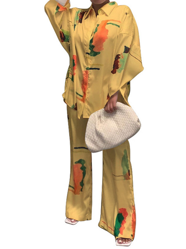 Nyomtatott alkalmi női kétrészes szett nappaliruha hosszú ujjú ing felsők és széles szárú nadrág szett otthoni ruha